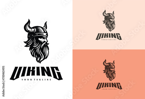 Viking logo design. Nordic warrior symbol. Horned Norseman emblem. Barbarian man head icon with horn helmet and beard.