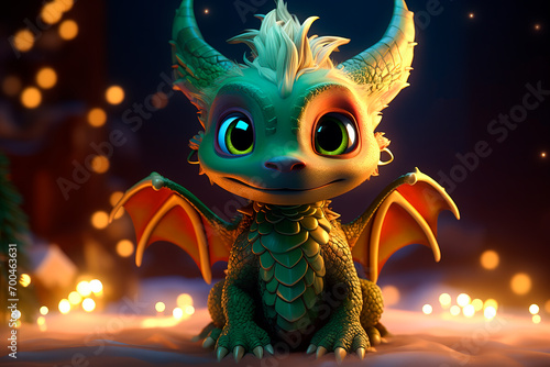 Cute Christmas dragon. Christmas card 2024. Generative AI