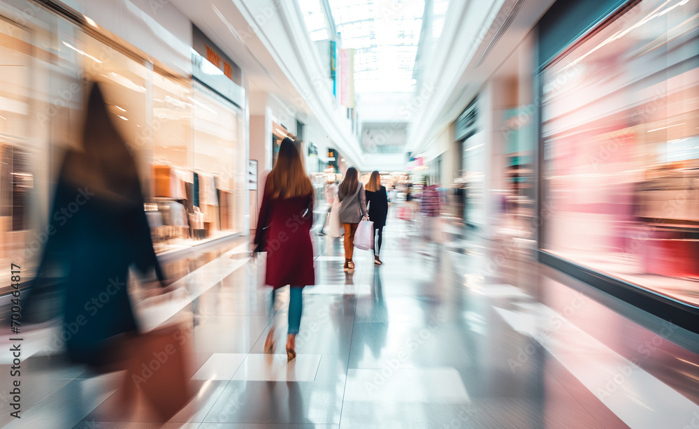 Blurred background of a modern shopping mall with some shoppers.