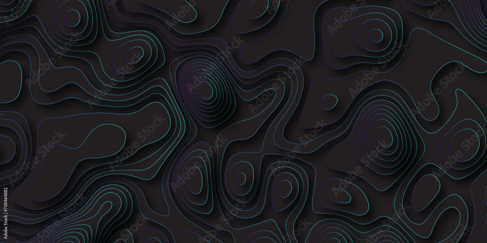 Abstract black blue gradient Topographic line map pattern background with shadow. Contour elevation topographic and textured Background Modern design with black background with topographic wavy. - obrazy, fototapety, plakaty 