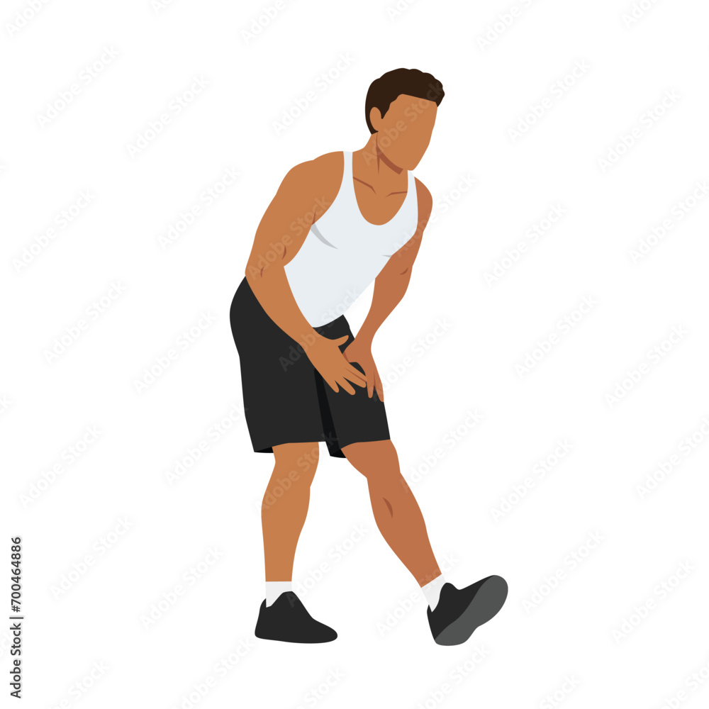 Man doing standing hamstring stretch exercise. Flat vector illustration isolated on white background Man doing standing hamstring stretch exercise. Flat vector illustration isolated on white background