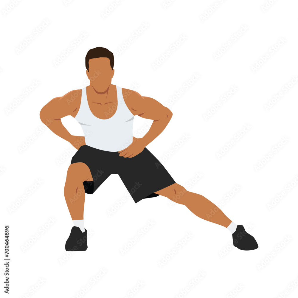 Man doing standing adductor or adduction stretch exercise. Flat vector illustration isolated on white background Man doing standing adductor or adduction stretch exercise. Flat vector illustration isolated on white background