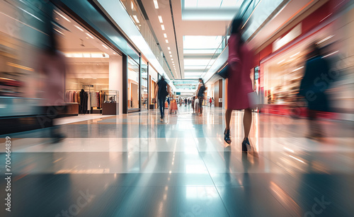 Blurred background of a modern shopping mall with some shoppers. © Curioso.Photography