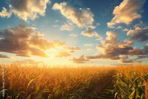 a corn field with the sun setting in the background and clouds in the sky. generative AI