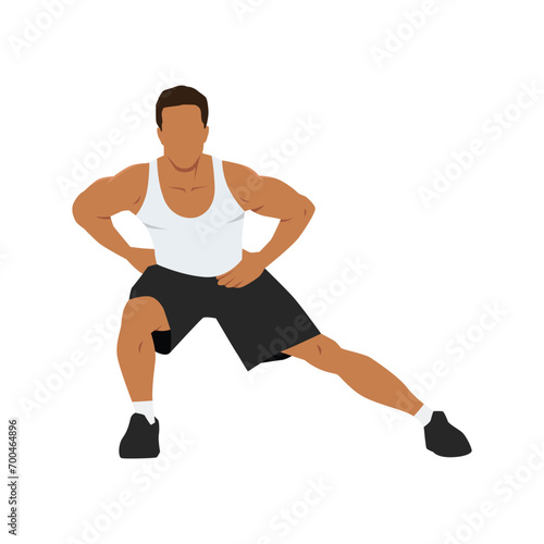 Man doing standing adductor or adduction stretch exercise. Flat vector illustration isolated on white background