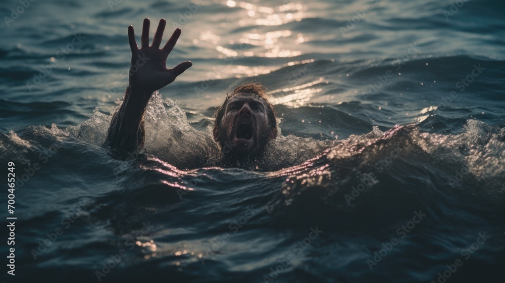 Drowning man in sea asking for help with raised arms  - obrazy, fototapety, plakaty 