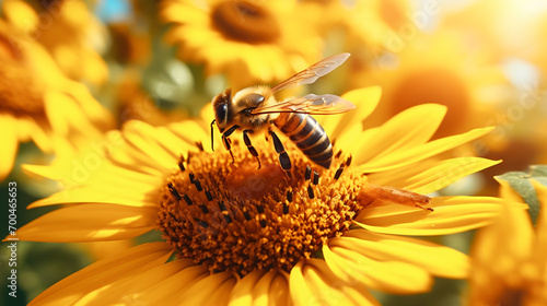 Macro view honey bee pollinating sunflower plant © Daniel