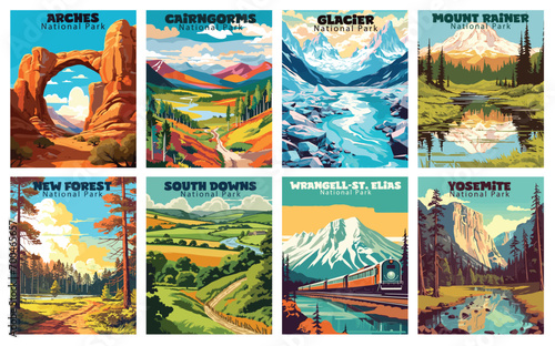 Vintage Travel Posters of Majestic National Parks - Arches, Cairngorms, Glacier, Mount Rainier, New Forest, South Downs, Wrangell-St. Elias, Yosemite