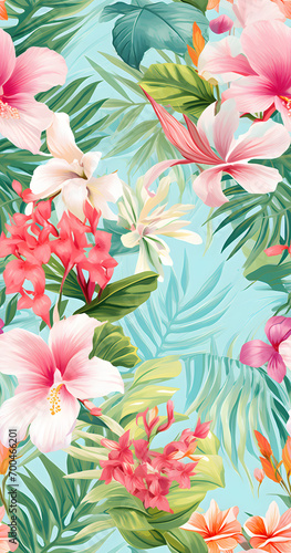 seamless pattern  botanical drawing  gorgeous tropical flowers  floral adornment.