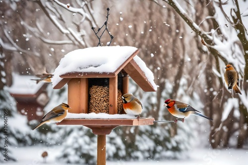 hungry birds in the winter snow garden flew to the feeder with seeds and nuts