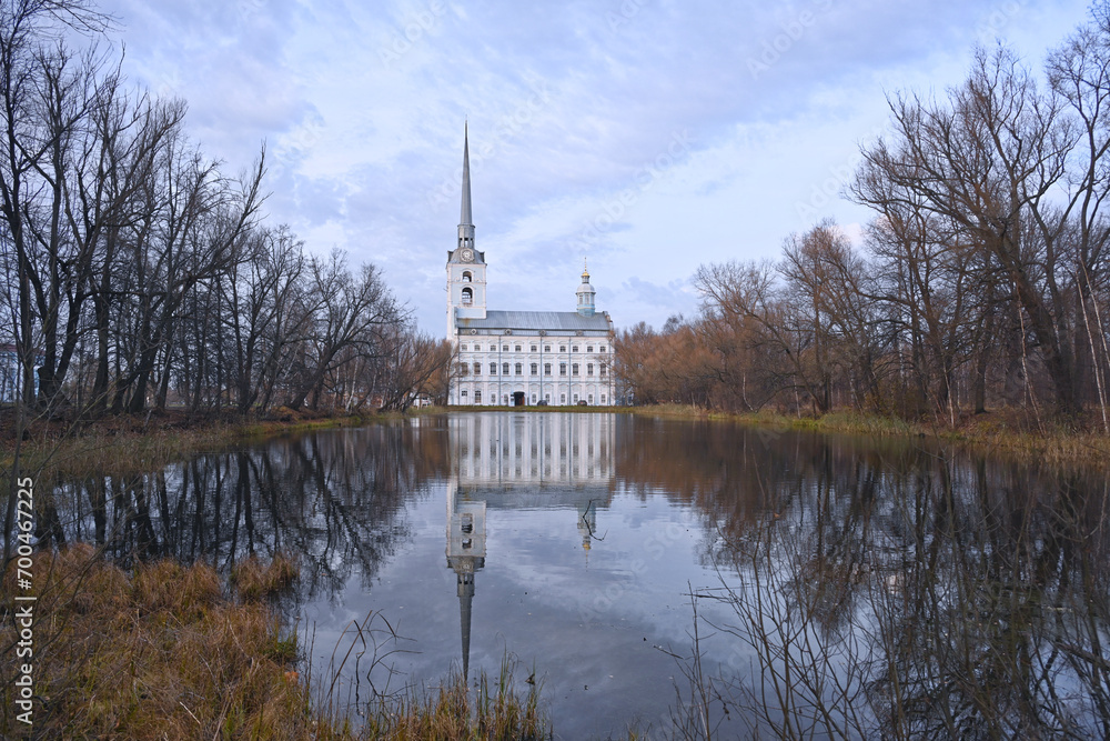 Peter and Paul Church water reflection in an autumn park of Yaroslavl city