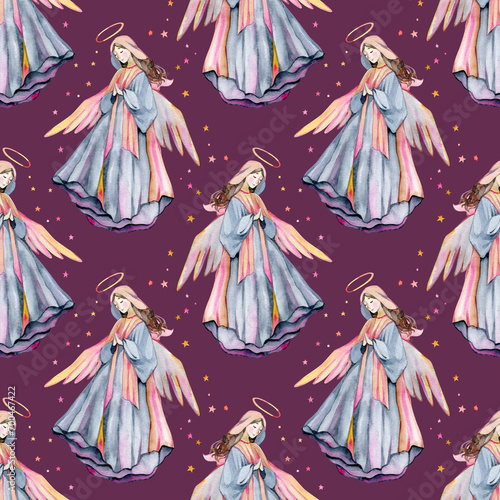 Watercolor seamless pattern with angels. For wrappers, postcards, gift boxes