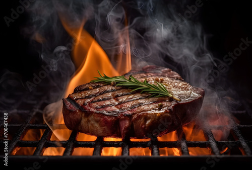Barbecue dry aged wagyu porterhouse beef steak grilled as close-up on a charcoal grill with fire and smoke
