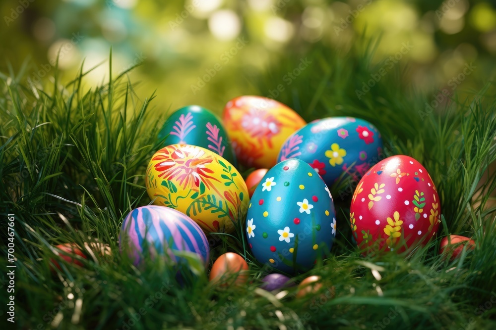 Colorful easter eggs in grass. Happy easter background. Colorful easter eggs in grass. Happy easter background.