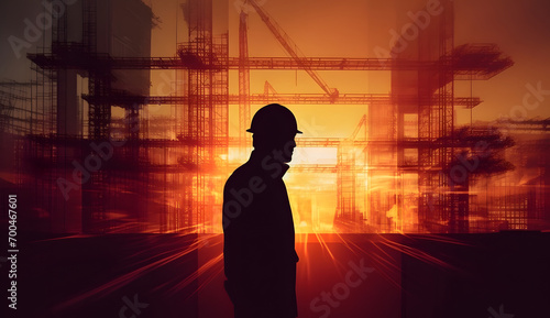 Silhouette construction engineer in the process of checking the construction site for the early morning jobs with lens flare light effect