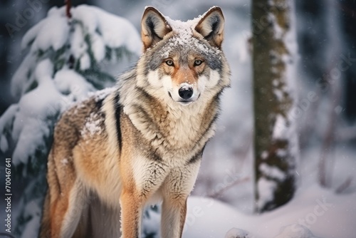 Gray wolf walks through a snowy winter forest. European wolf in natural habitat. Wild life. © kardaska