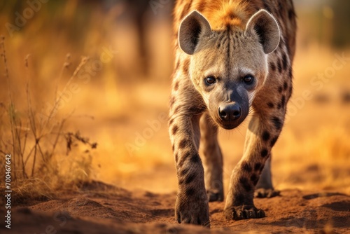 Spotted hyena standing on the ground.