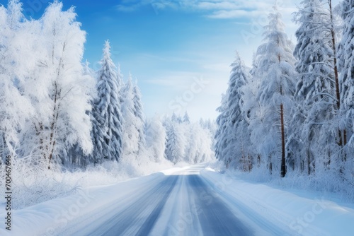 Empty frozen road through idyllic snowy forest in winter.
