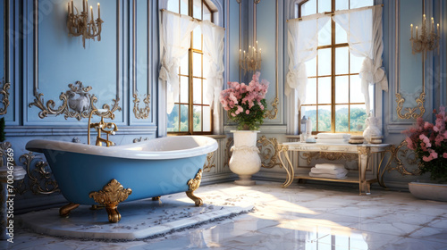 view of a bright bathroom interior with a bathtub  panoramic window  concrete floor  luxury walls  mirror  sink and sideboard. Hygiene and spa procedures concept.