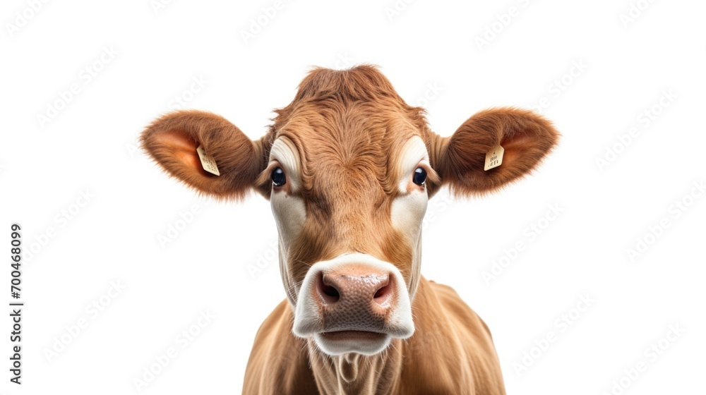 Head and shoulders close up portrait of a friendly cow isolated on a white background