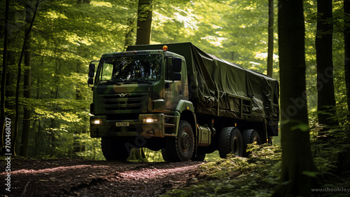 Soviet, green military truck with forest background. photo