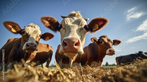 Healthy cows eating food at the farm