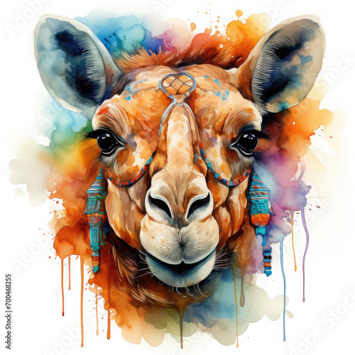 Watercolor Colorful Camel Illustration, Generative Ai