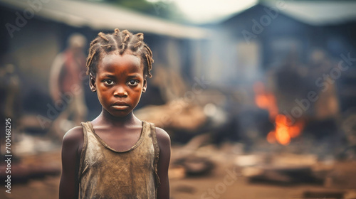 Portrait of a dark-skinned girl in the slums. A little girl looks at the camera with sad emotions. The problem of hunger and poverty in Africa. photo