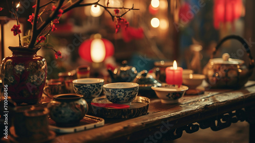 A close-up of a traditional Chinese tea ceremony set against a backdrop of festive decorations. This image conveys a sense of tranquility and cultural celebration.