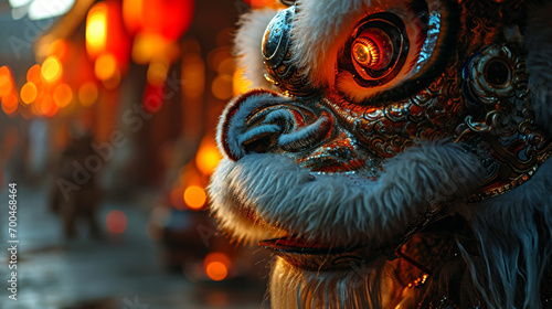 A close-up of the face of a traditional noon lion dance 