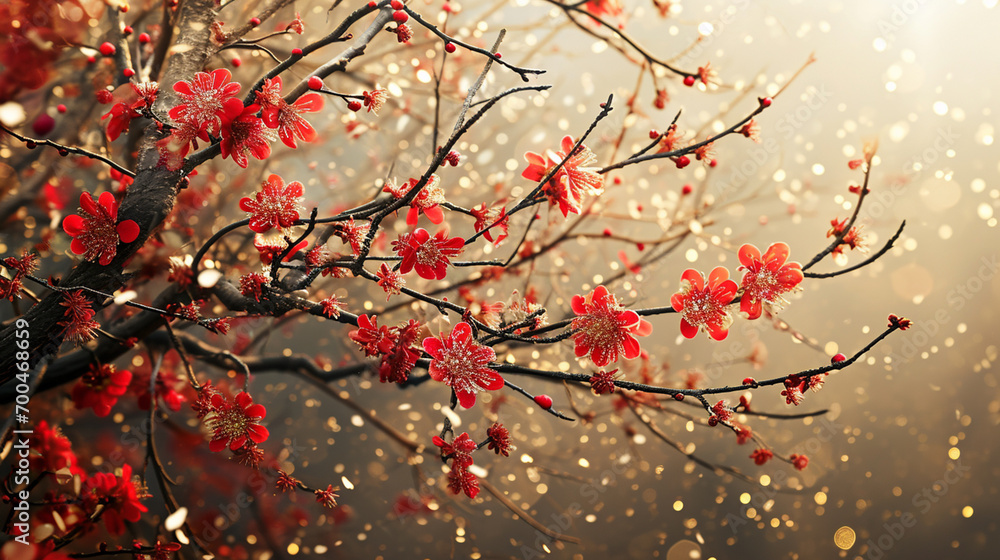 A stunning image featuring cherry blossom branches adorned with red and gold ornaments, creating a beautiful and symbolic representation of renewal and new beginnings.