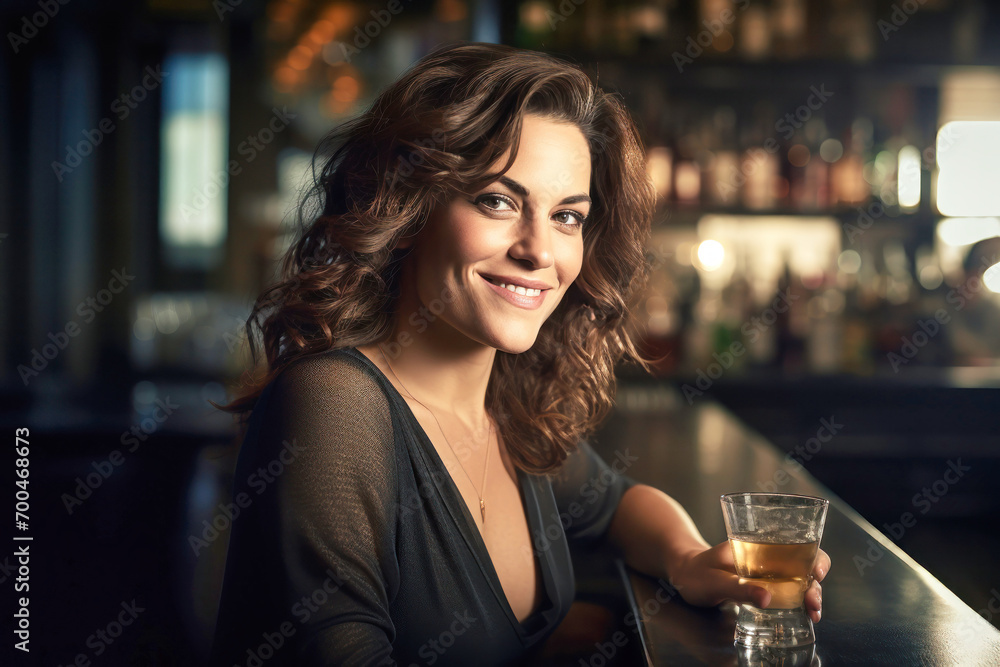 Beautiful young woman sitting at a bar with a glass of whiskey in a luxurious interior. Blurred background. A woman is relaxing in a bar with a glass