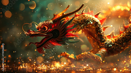 An awe-inspiring image of a dragon dance illuminated by the brilliant colors of fireworks, symbolizing the triumph of good over evil during Chinese New Year celebrations.