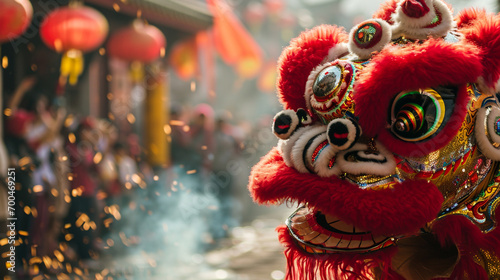 Capturing the intricate details of a Lion Dance performance in the heart of a vibrant Chinatown, showcasing the expressive movements and vibrant colors that ward off evil spirits. photo