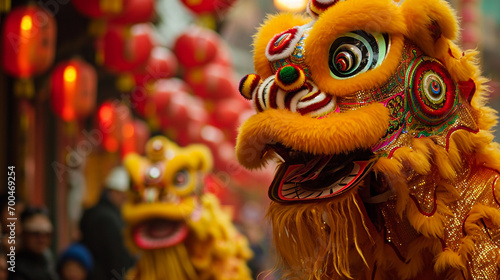 Capturing the intricate details of a Lion Dance performance in the heart of a vibrant Chinatown, showcasing the expressive movements and vibrant colors that ward off evil spirits.