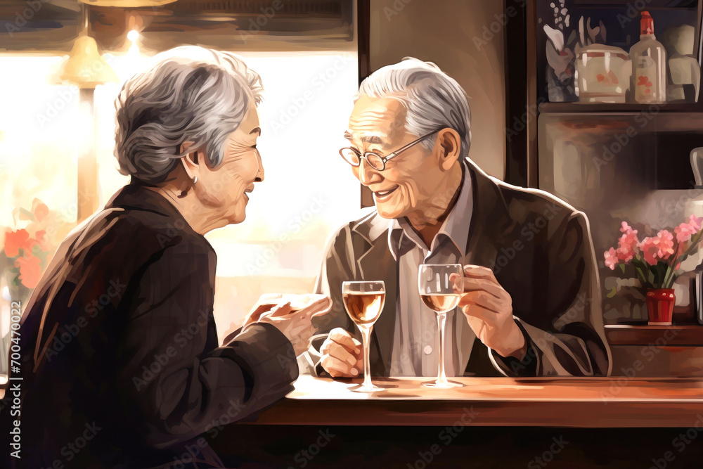 Radiant with love and joy, this charming Japanese senior couple shares heartfelt smiles in a cozy bar, creating a timeless image of happiness and lasting connection.