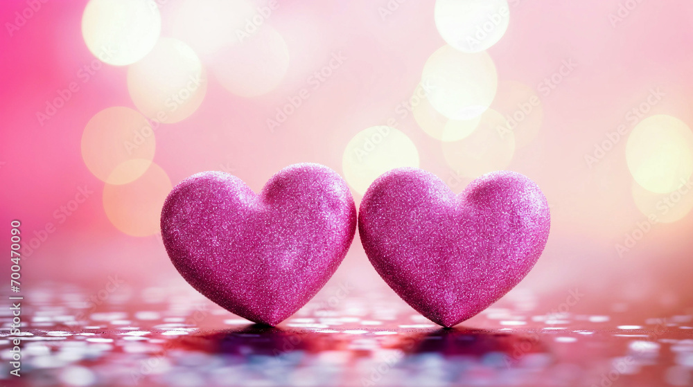 Two hearts made of pink sparkles on pink bokeh background. Valentines day concept. Generative AI