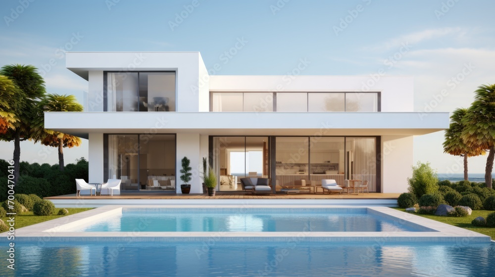 Fototapeta premium Minimalist modern white house exterior with swimming pool terrace