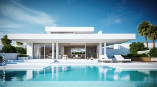 Minimalist modern white house exterior with swimming pool terrace © Fly Frames