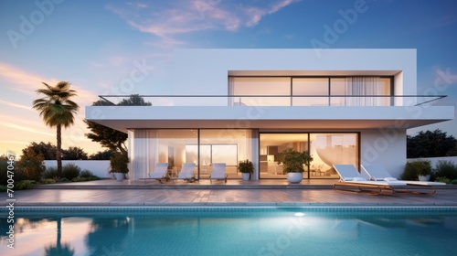 Minimalist modern white house exterior with swimming pool terrace