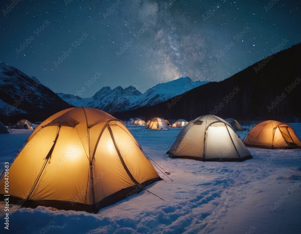 Tents In The Winter, Stars, Mountain, Travel, Illuminated tents