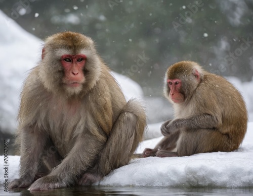 Japanese macaque snow monkeys (Macaca fuscata) in the snow, fog, © Cavan