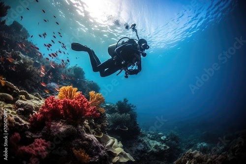 Scuba diving in ocean coral reef sea under water. AI Generated © dark_blade