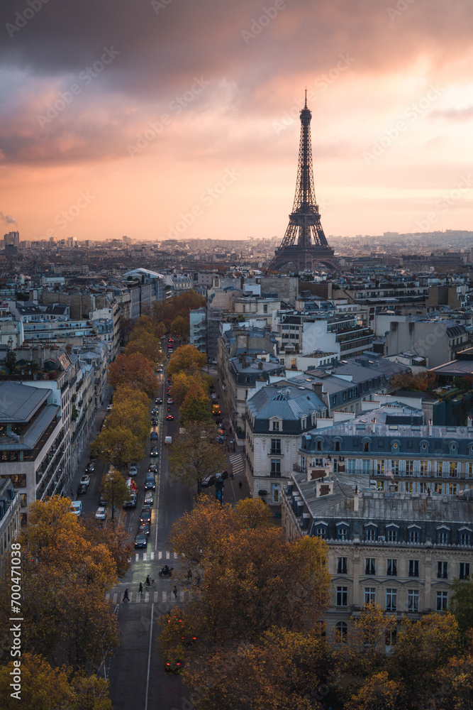 Sunset view of Paris and road leading to Eiffel Tower