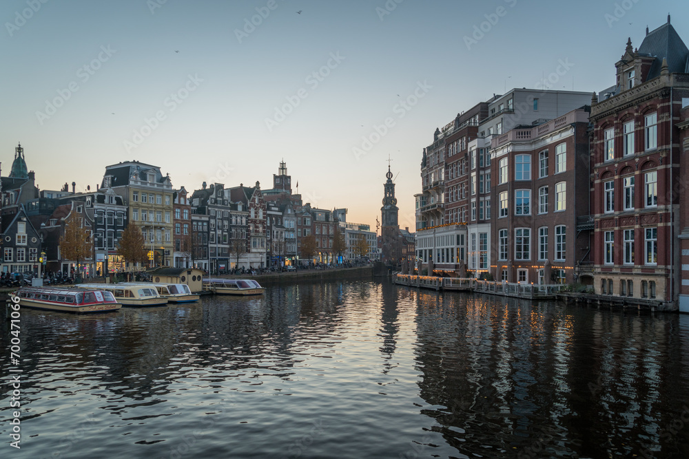 Early morning view of Amsterdam city and canal