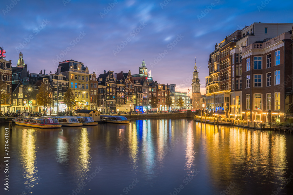 Evening waterfront of Amsterdam with city lights