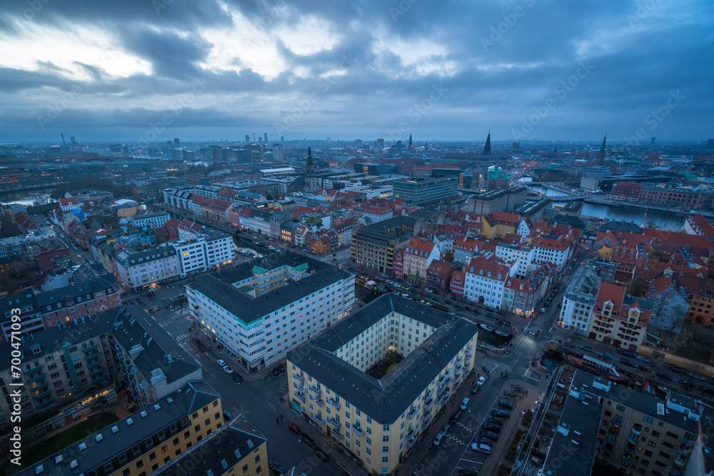Dusk aerial view of Copenhagen
