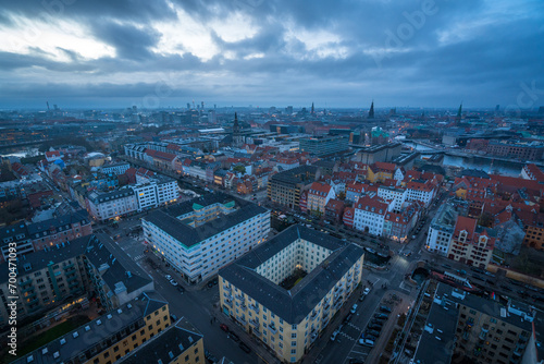 Dusk aerial view of Copenhagen