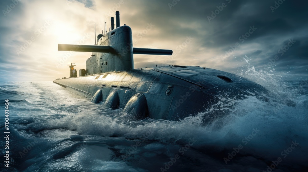 Fototapeta premium Nuclear submarine moving underwater