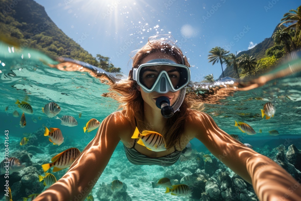 Obraz premium Underwater shoot of a young lady snorkeling and doing skin diving in a tropical sea. AI Generated